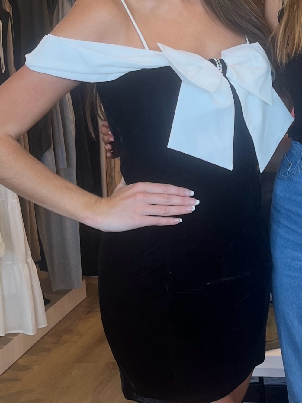 Black Velvet Off-Shoulder Mini Dress with White Bow